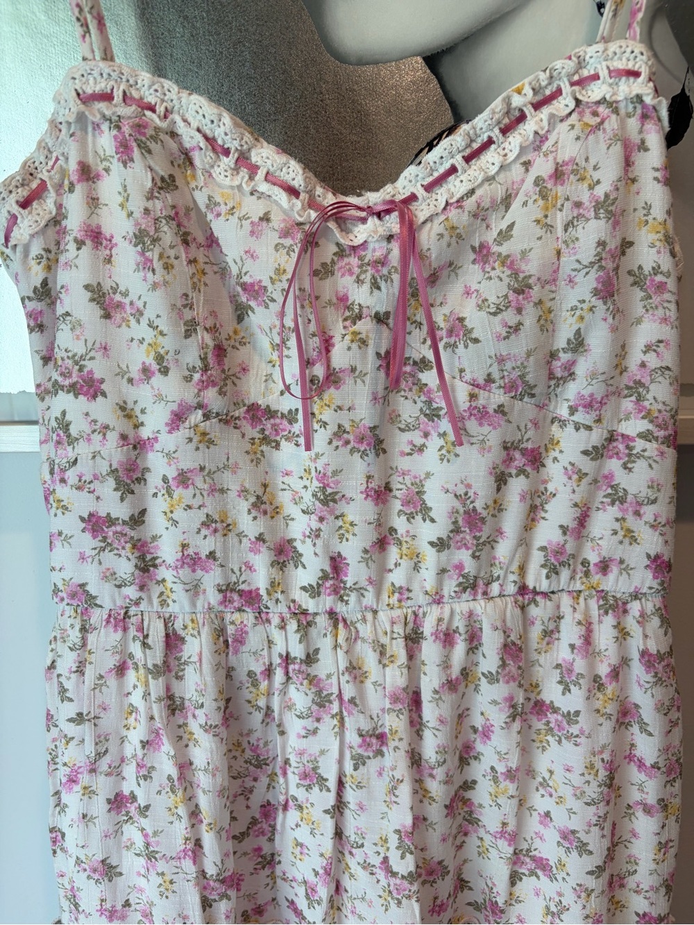 NWOT Row A Cottage Tiered Floral Pink Midi Sundress with Lace Trim